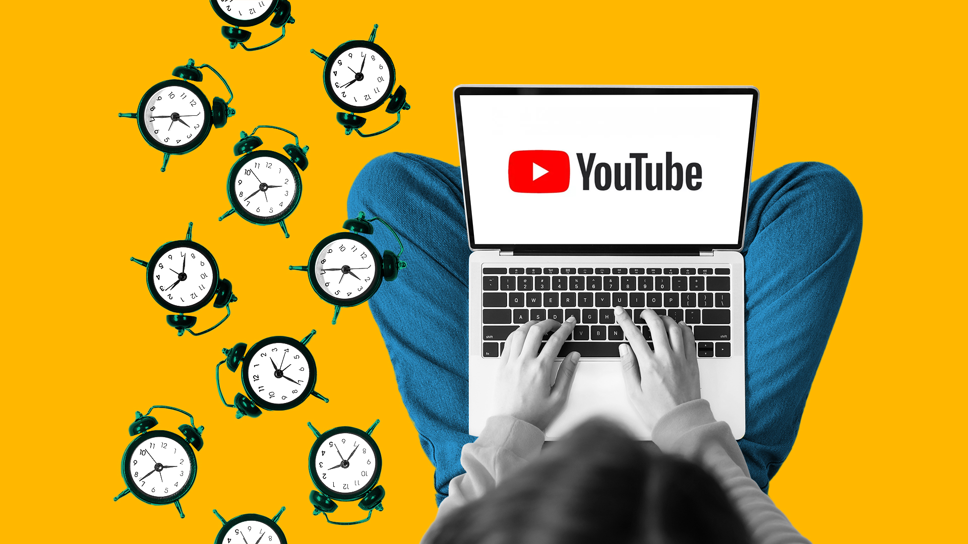 This image has a yellow background with a person sitting down. They have a laptop in their lap and are trying. On the screen, you can see the YouTube logo. To the left, there are several clocks. This represents the best time to post on YouTube.