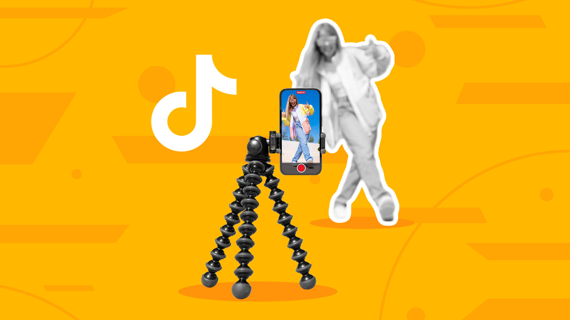 This image features a person recording a TikTok with their phone on a tripod. The image represents how to go live on TikTok.