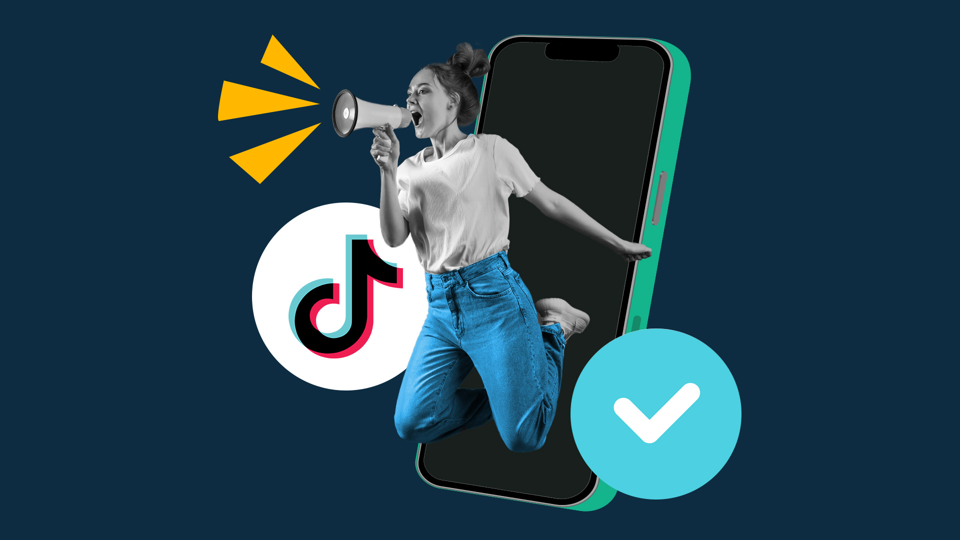 In this image, there is a person jumping out of a phone. On their left is the TikTok logo and on their right is the verification checkmark. This image represents getting verified on TikTok.