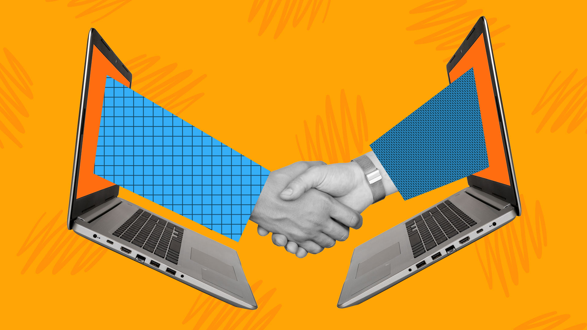 This image features two laptops. Each one has an arm coming out of it, and the two are shaking hands. This image represents working with outsourced partners for effective video creation.